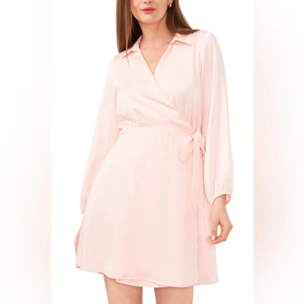 Halogen Light Pink Satin Faux Wrap Long Sleeve Shirt Dress - Picture 2 of 14